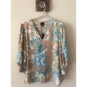 NWT Worthington Petite PL Tan Blue Floral Blouse 3/4 Sleeve V-Neck